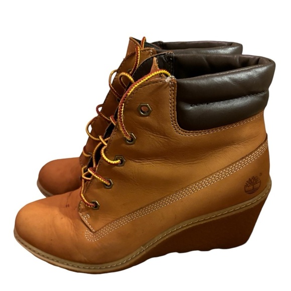 Timberland Amston Wheat Nubuck Leather Lace Up Wedge Booties Boots Sz 8.5 A0548 - Picture 1 of 10